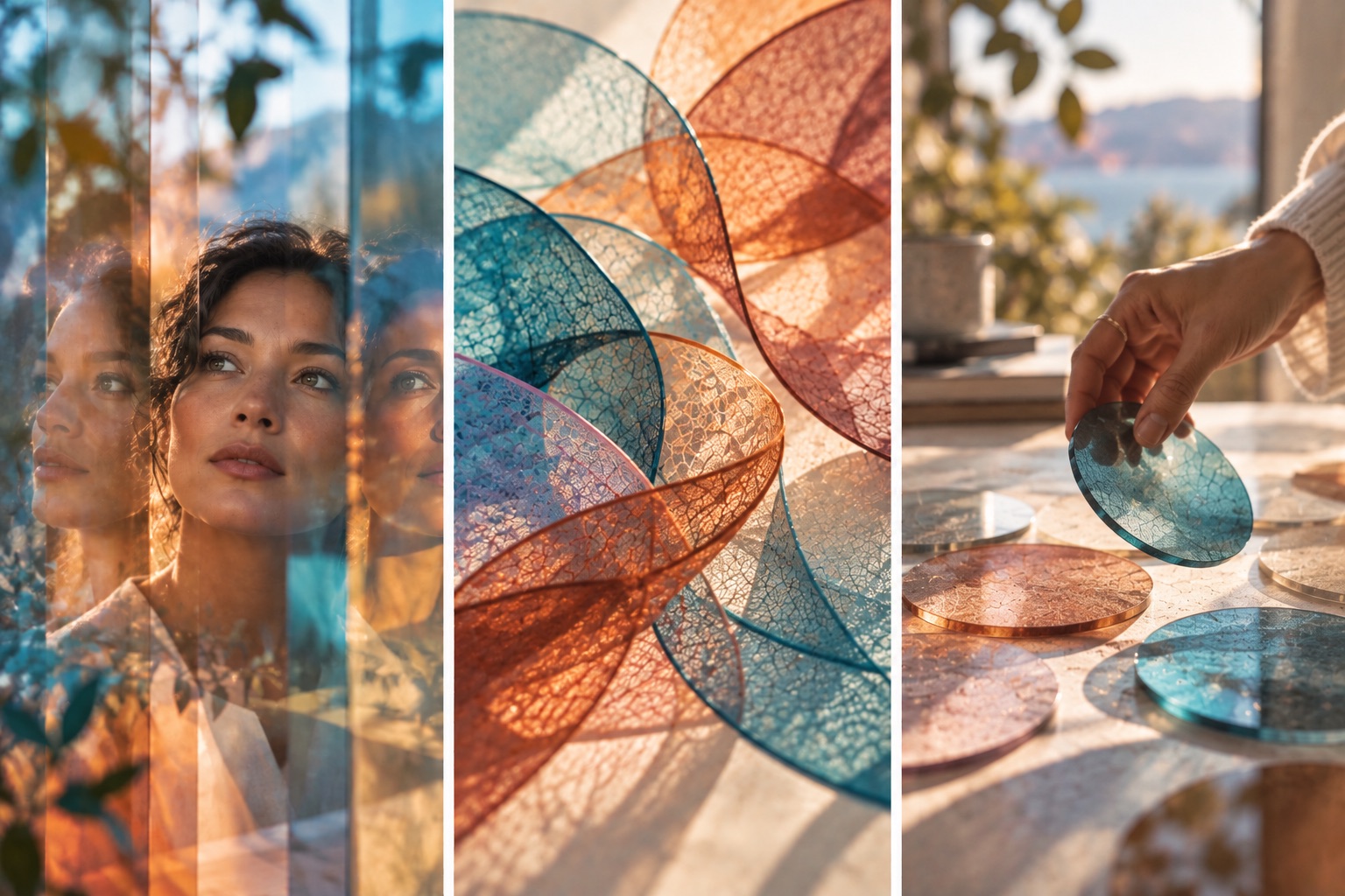 A three-part image showing a woman through layered reflections, overlapping translucent forms, and a hand selecting a blue-green disc from several colorful pieces.