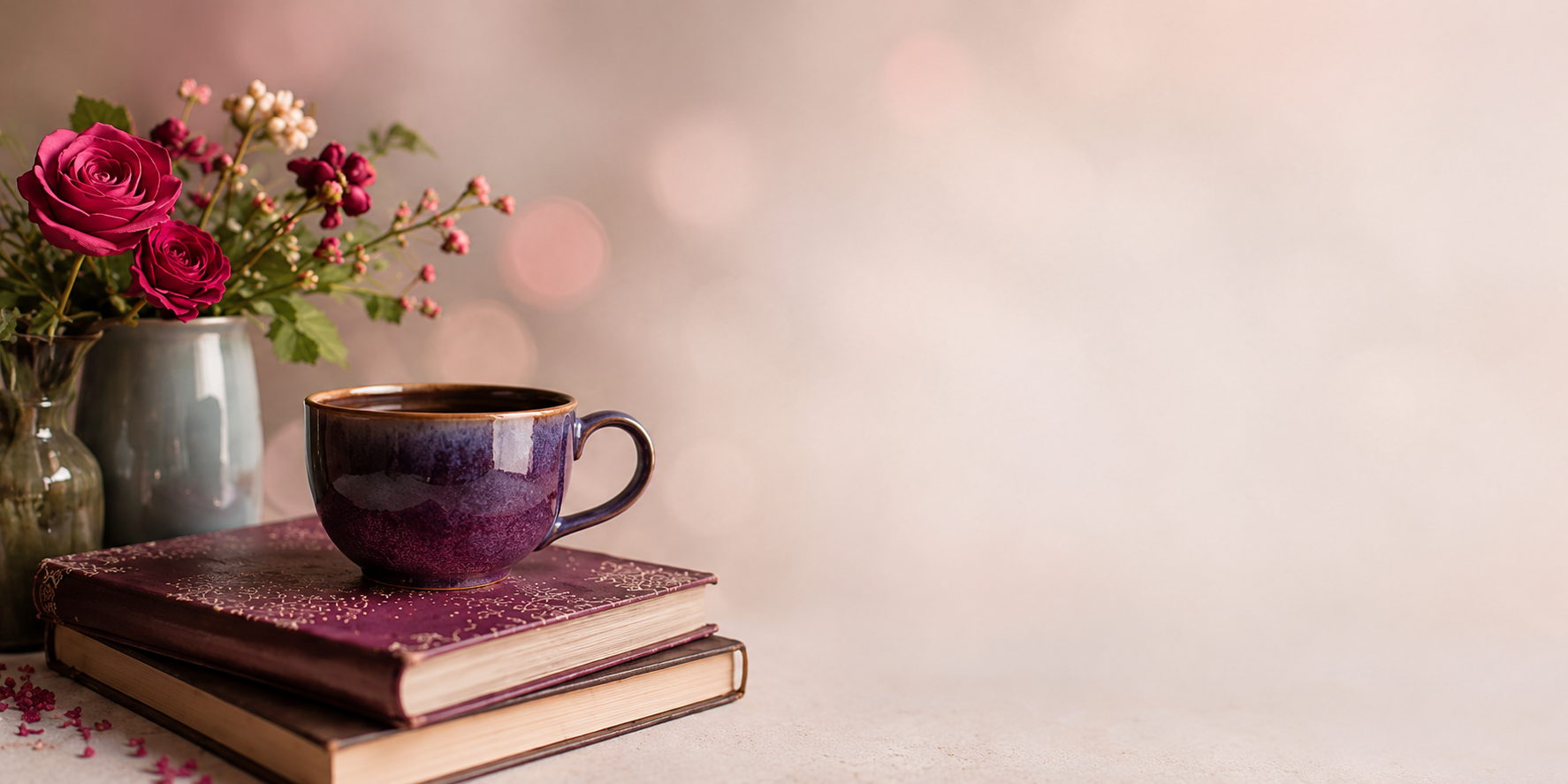 Roses, books and a cup of coffee in warm natural light